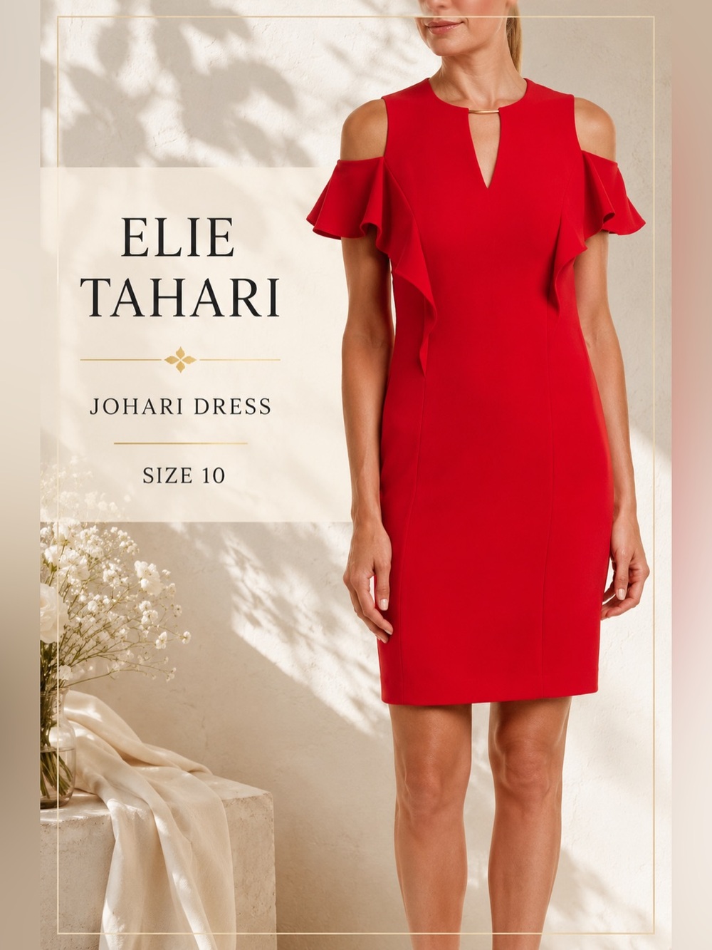 Elie Tahari Johari Glossy Red Cold Shoulder Ruffle Sheath Dress Size 10 NWT